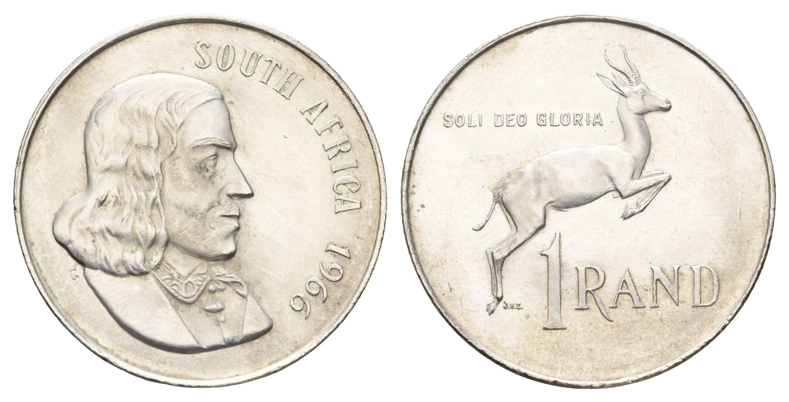 ЮАР 1 ранд 1966 Ян ван Рибек (1619-1677), South Africa, легенда на английском, антилопа KM 71.1 серебро UNC 1515-1823