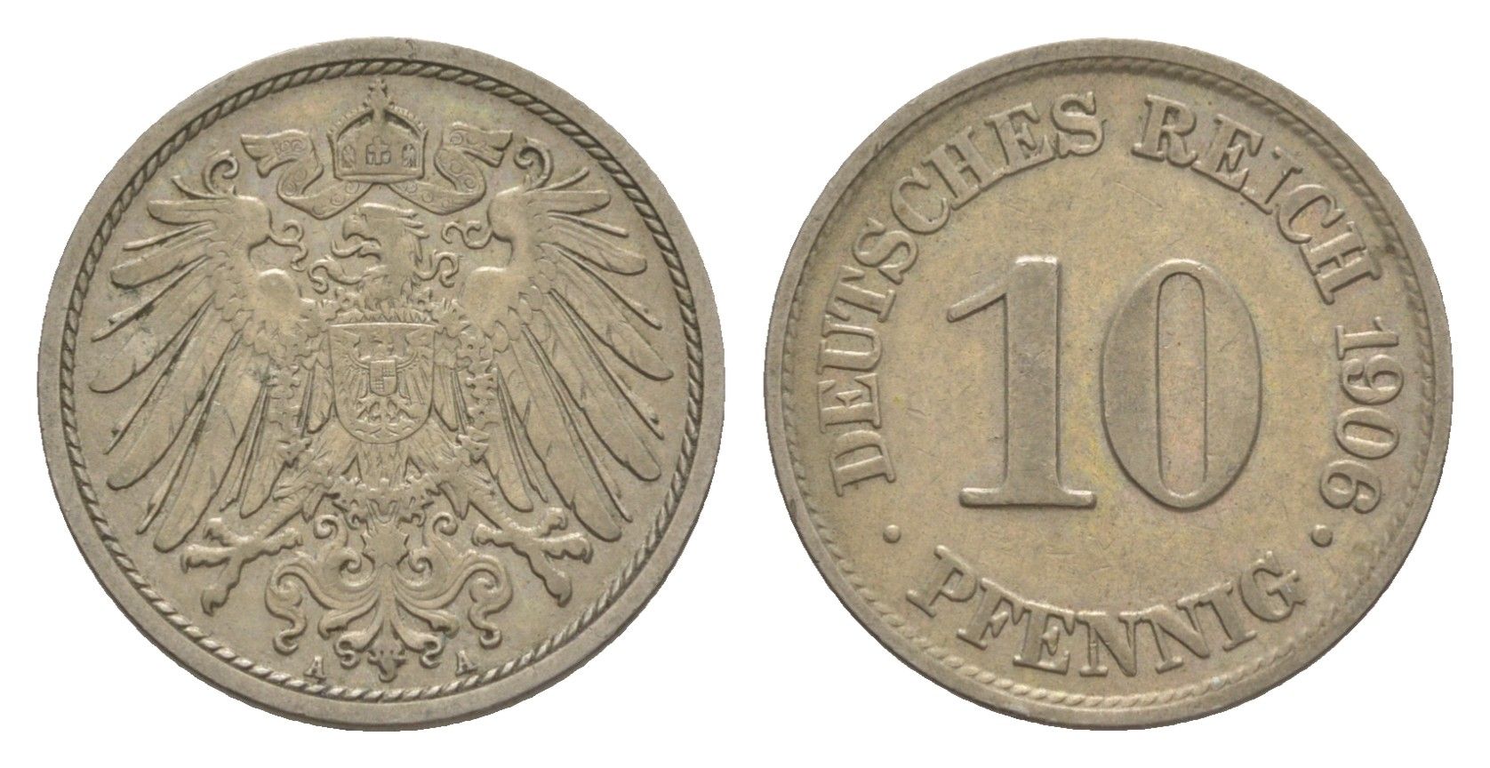 Германия 10 пфеннигов 1906 A, Вильгельм II (1888-1918) KM 12, J. 13 медно-никель 4644-1159