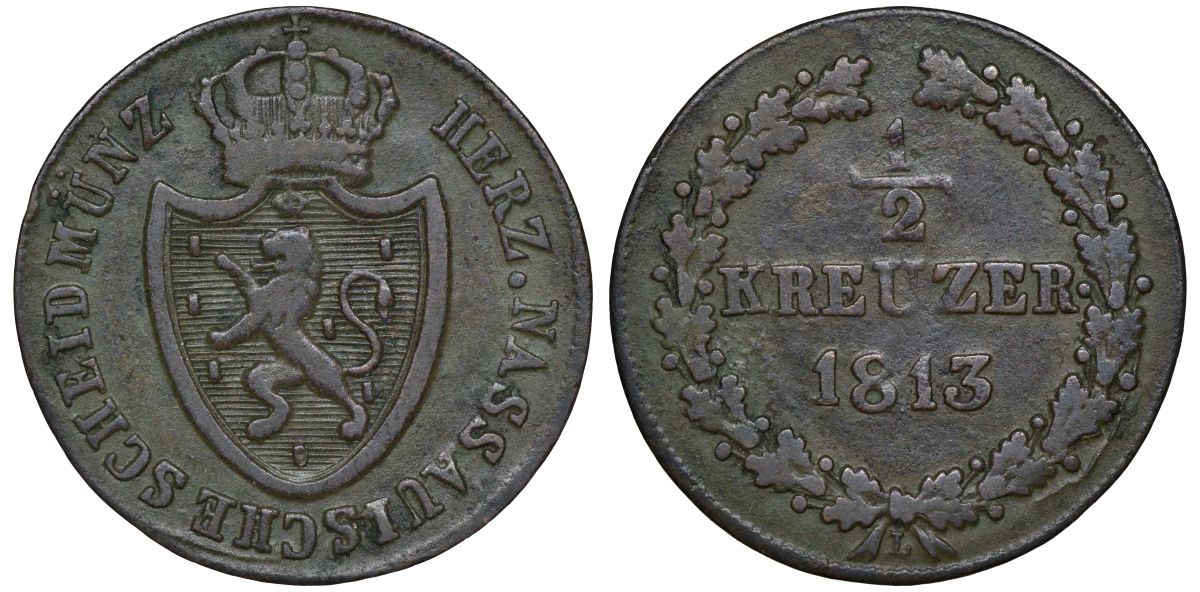 Нассау 1/2 крейцера 1813 Фридрих Вильгельм (1788-1816) KM 33 медь    188-452