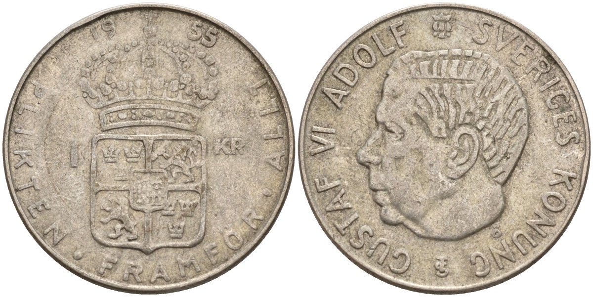 Швеция 1 крона 1955 TS, Густав VI Адольф (1950-1973) KM 826 серебро 4148-1144