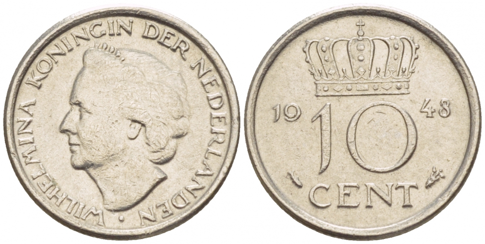 Нидерланды 10 центов 1948 Вильгельмина (1895-1948) KM 177 никель 4547-823