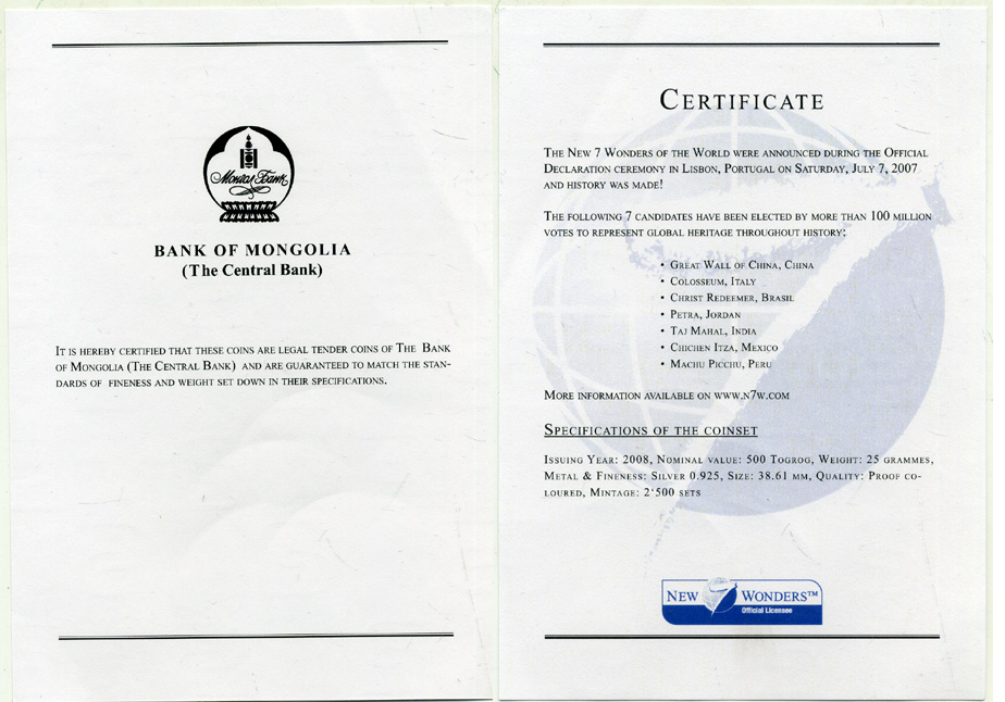 Монголия набор из 7 монет по 500 тугриков 2008 семь чудес света, цветная эмаль, тираж 2500 экземпляров, в оригинальной коробке, с сертификатом серебро PROOF 00-000-00