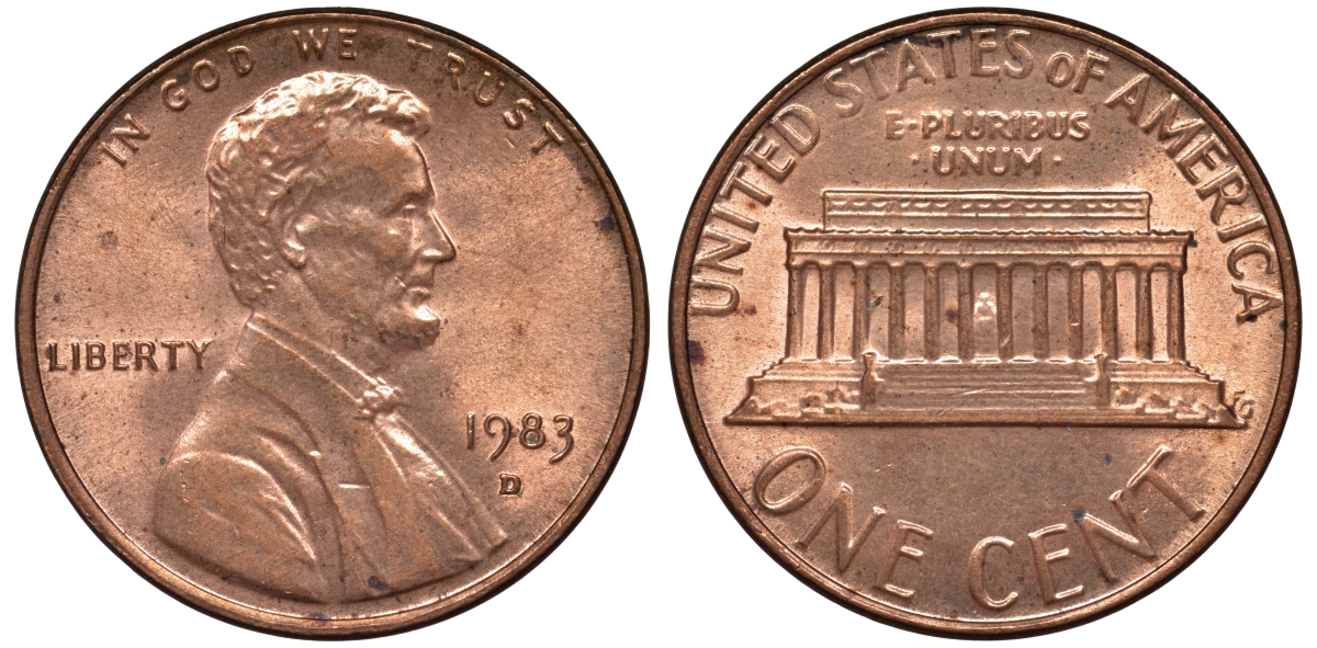 США 1 цент 1983 D KM 201b цинк плакированный медью 4547-1226