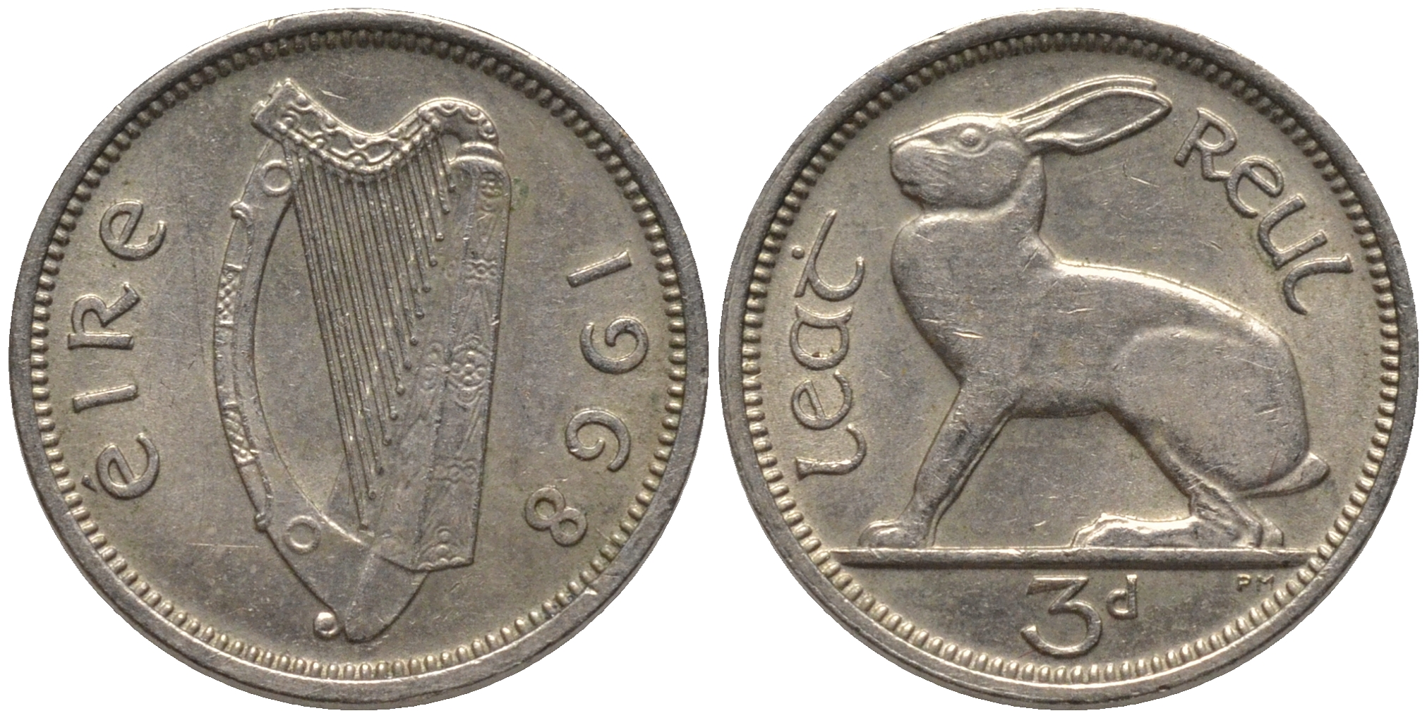 Ирландия 3 пенса 1968 заяц KM 12а медно-никель 4532-964