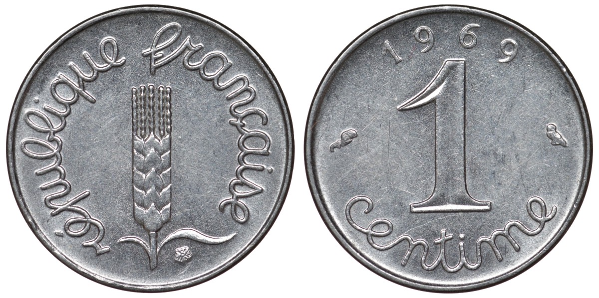 Франция 1 сантим 1969 пятая республика KM 928, Le Franc 106.18 нержавеющая сталь 4124-424