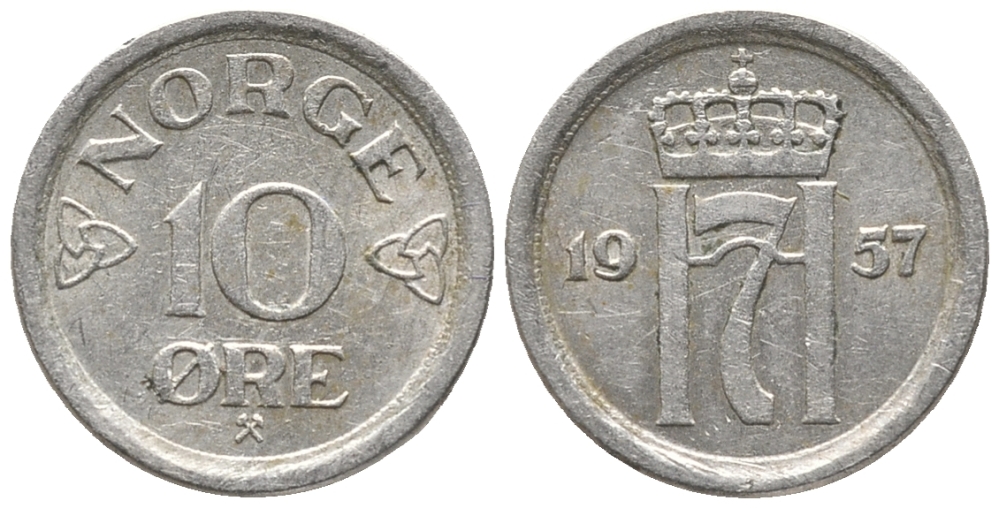 НОРВЕГИЯ 10 ЭРЕ 1957 ХОКОН VII (1905-1957) KM 396 медно-никель 100-1213