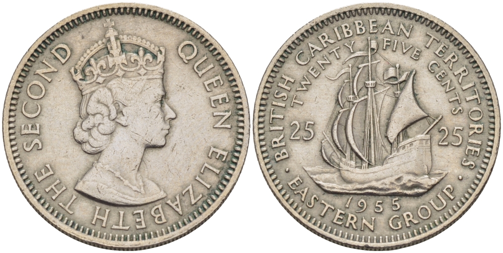 Британские Восточно-Карибские территории 25 центов 1955 Елизавета II (1952-2022), парусник KM 6 медно-никель 67-617