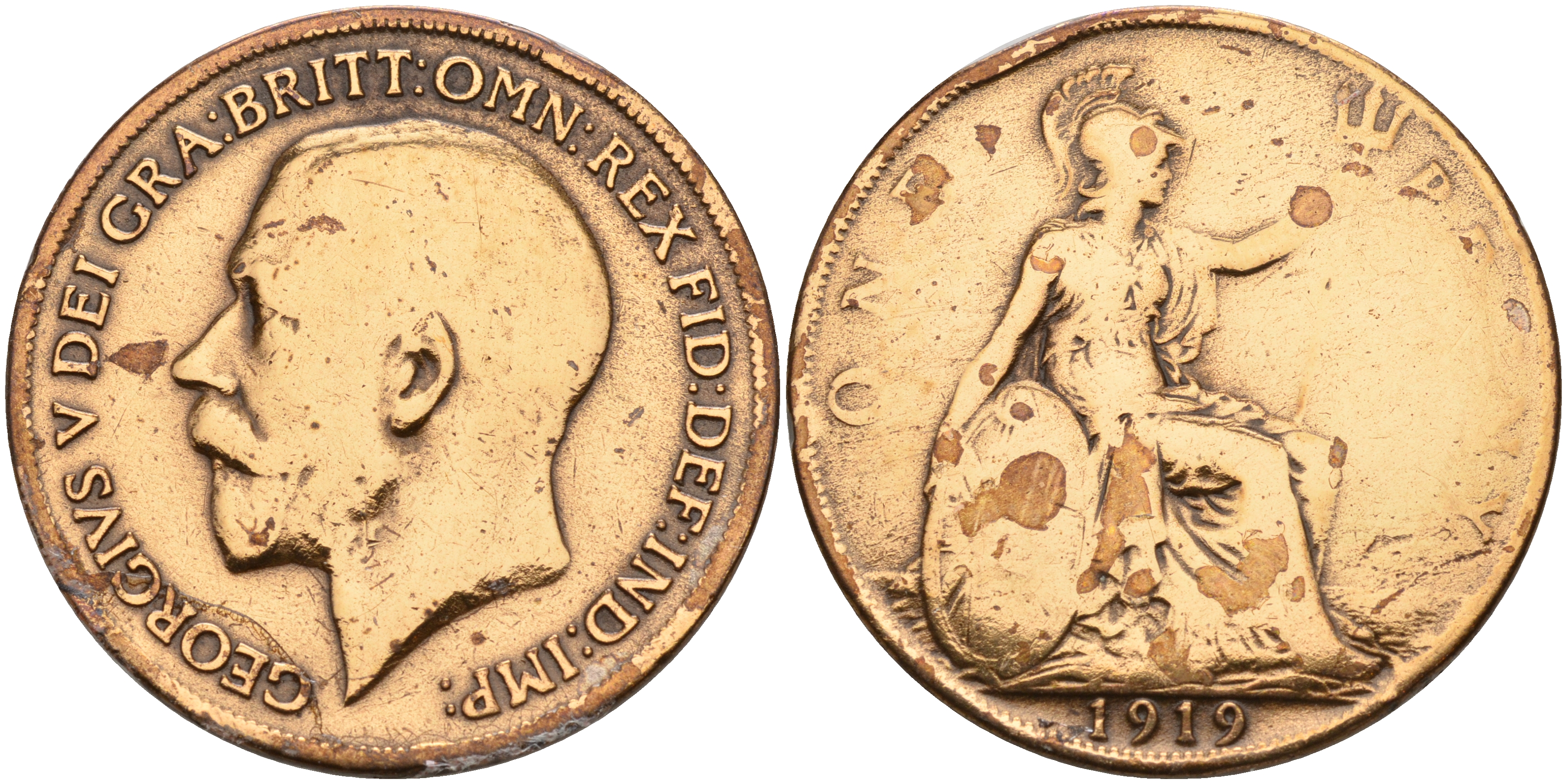 Великобритания 1 пенни 1919 Георг V (1910-1936) KM 810, Spink 4051 бронза    4149-424