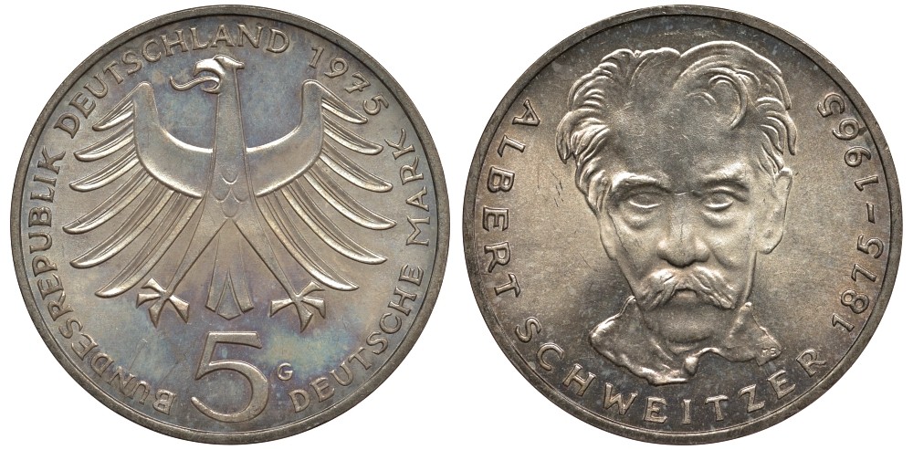 ФРГ 5 марок 1975 G, 100 лет со дня рождения Альберта Швейцара KM 143, J.418 серебро UNC 3855-924