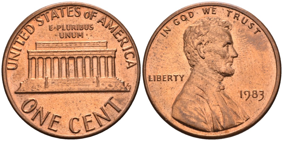 США 1 цент 1983 Линкольн KM 201b цинк плакированный медью 4580-417