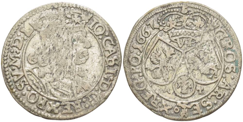 Польша 6 грошей (шостак) 1667 A-T, Ян II Казимир (1648-1668), вес 3,24 гр., легенда (IO CASI) KM 121, Kopinski 136.9a серебро 1517-923