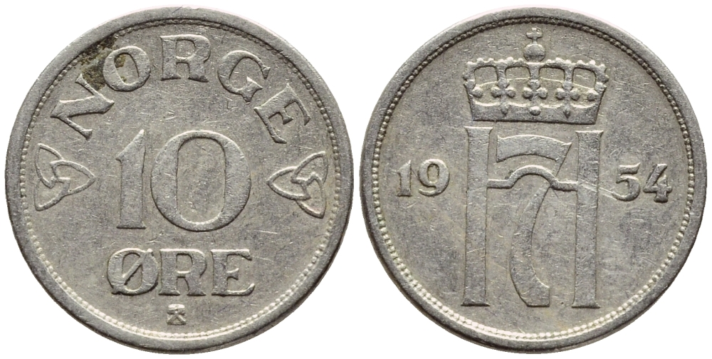 НОРВЕГИЯ 10 ЭРЕ 1954 KM 396 медно-никель 4396-414