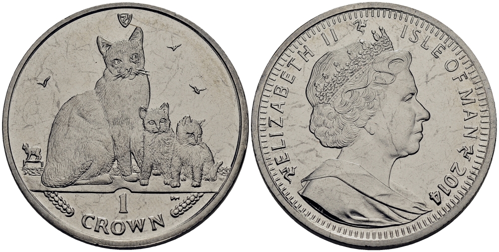 Остров Мэн 1 крона 2014 кошка сноу-шу с котятами KM 1558 медно-никель UNC M94-02