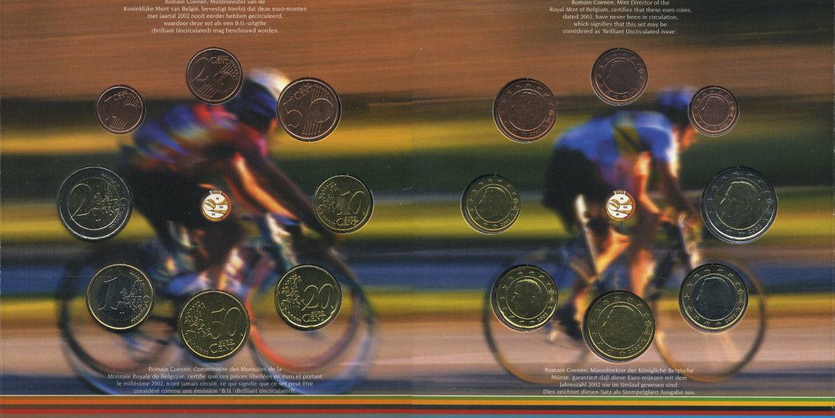 Бельгия евронабор из 8 монет 2002 велосипед, в оригинальном буклете UNC 1-5-3-6