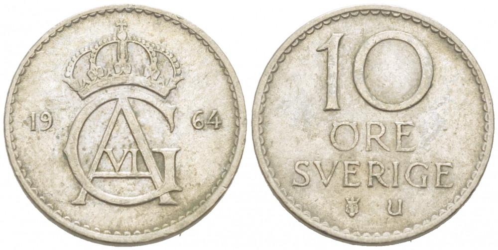Швеция 10 эре 1964 U Густав VI Адольф (1950-1973) KM 835 медно-никель 3955-319
