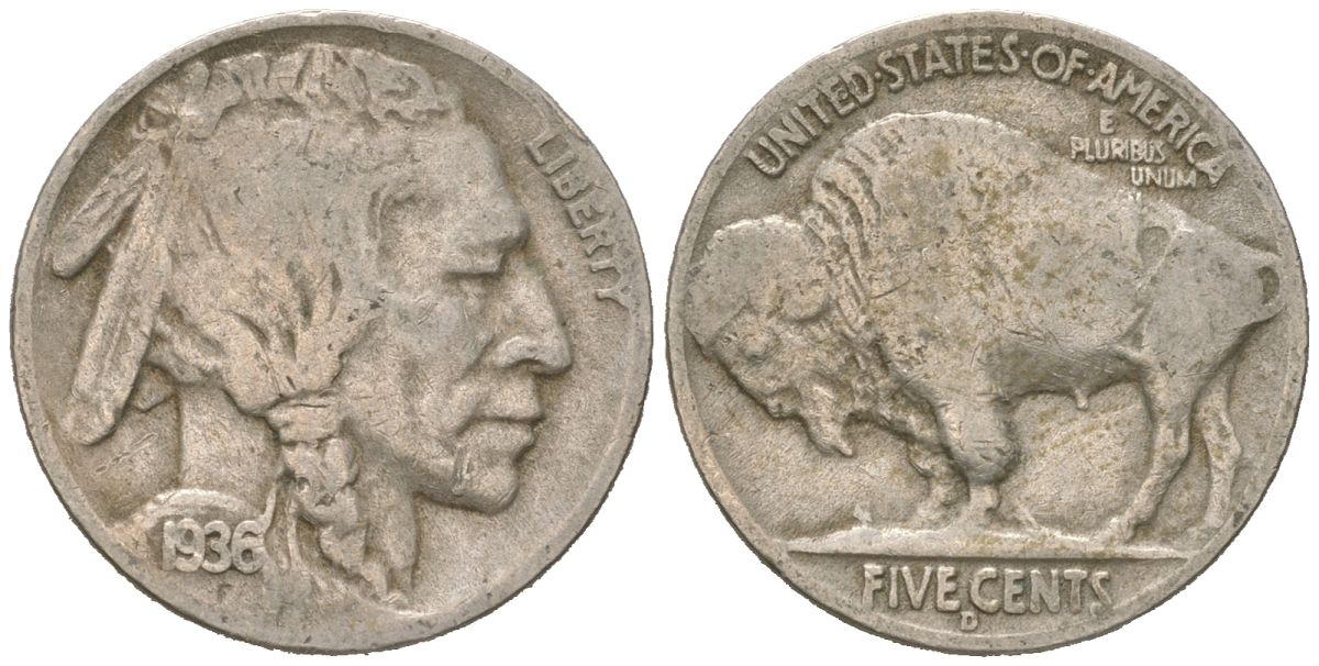 США 5 центов 1936 D, индеец, бизон KM 134 медно-никель 4614-1262