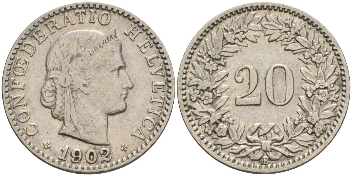Швейцария 20 раппенов 1902 B KM 29 никель 4606-735