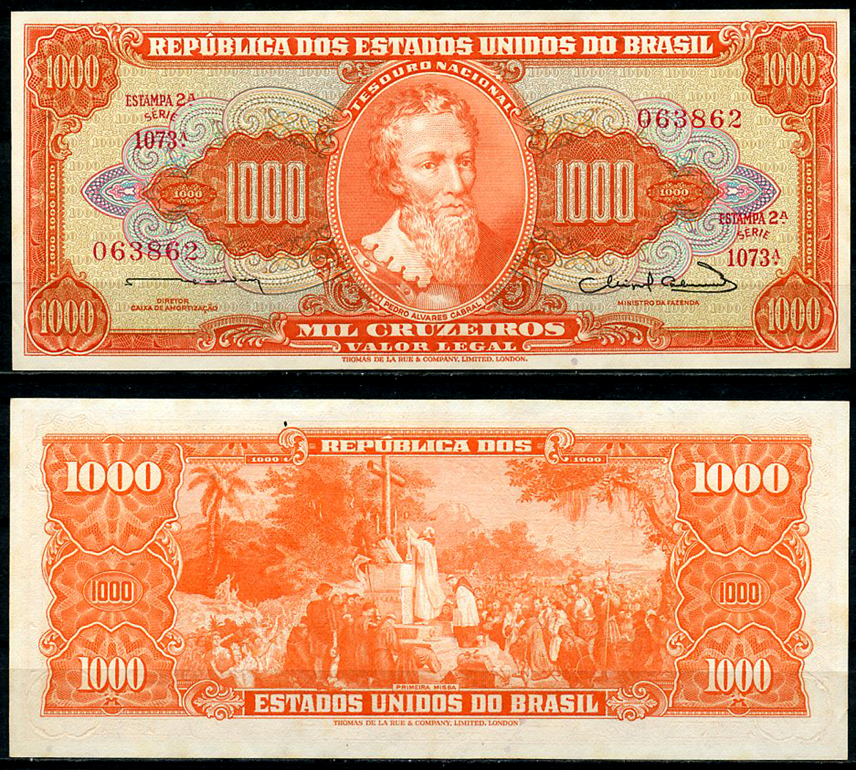 Бразилия 1000 крузейро ND (1963) Педру Алвариш Кабрал, первая Святая месса в Бразилии, Estampa 2, серия 1073 Pick 181  бумага  00-00