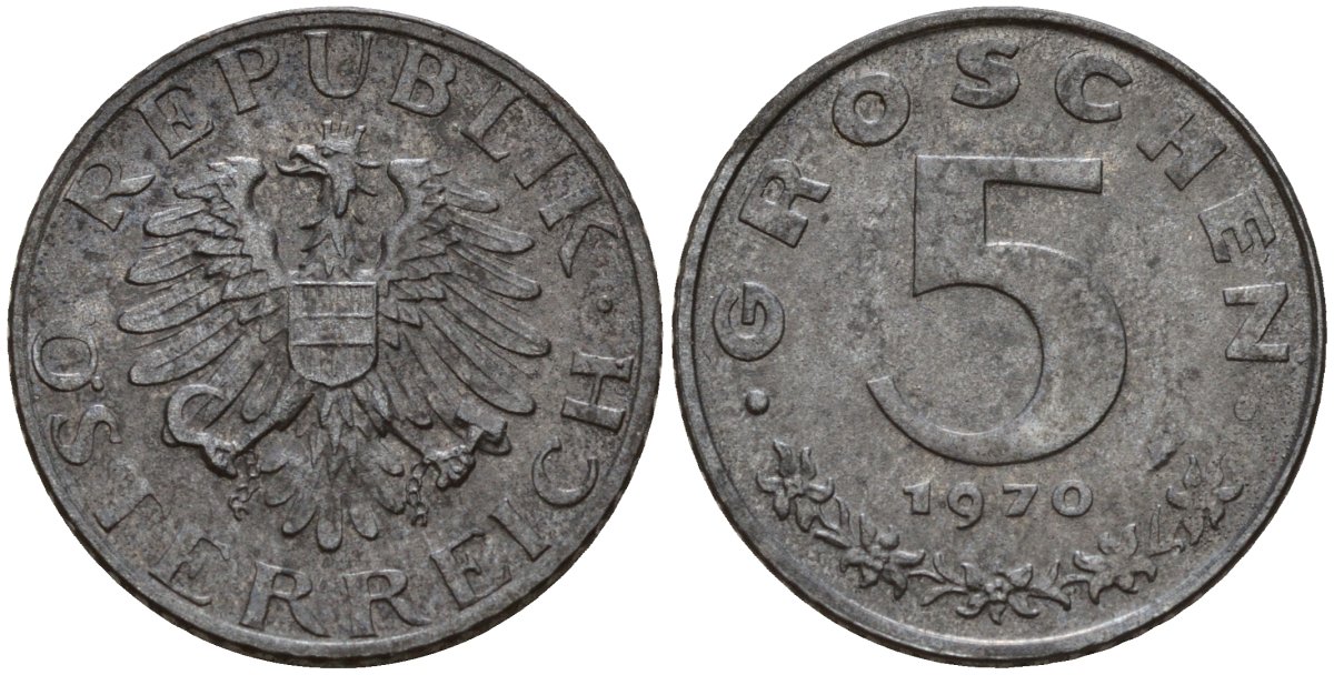 Австрия 5 грошей 1970 KM 2875 цинк UNC 4189-548
