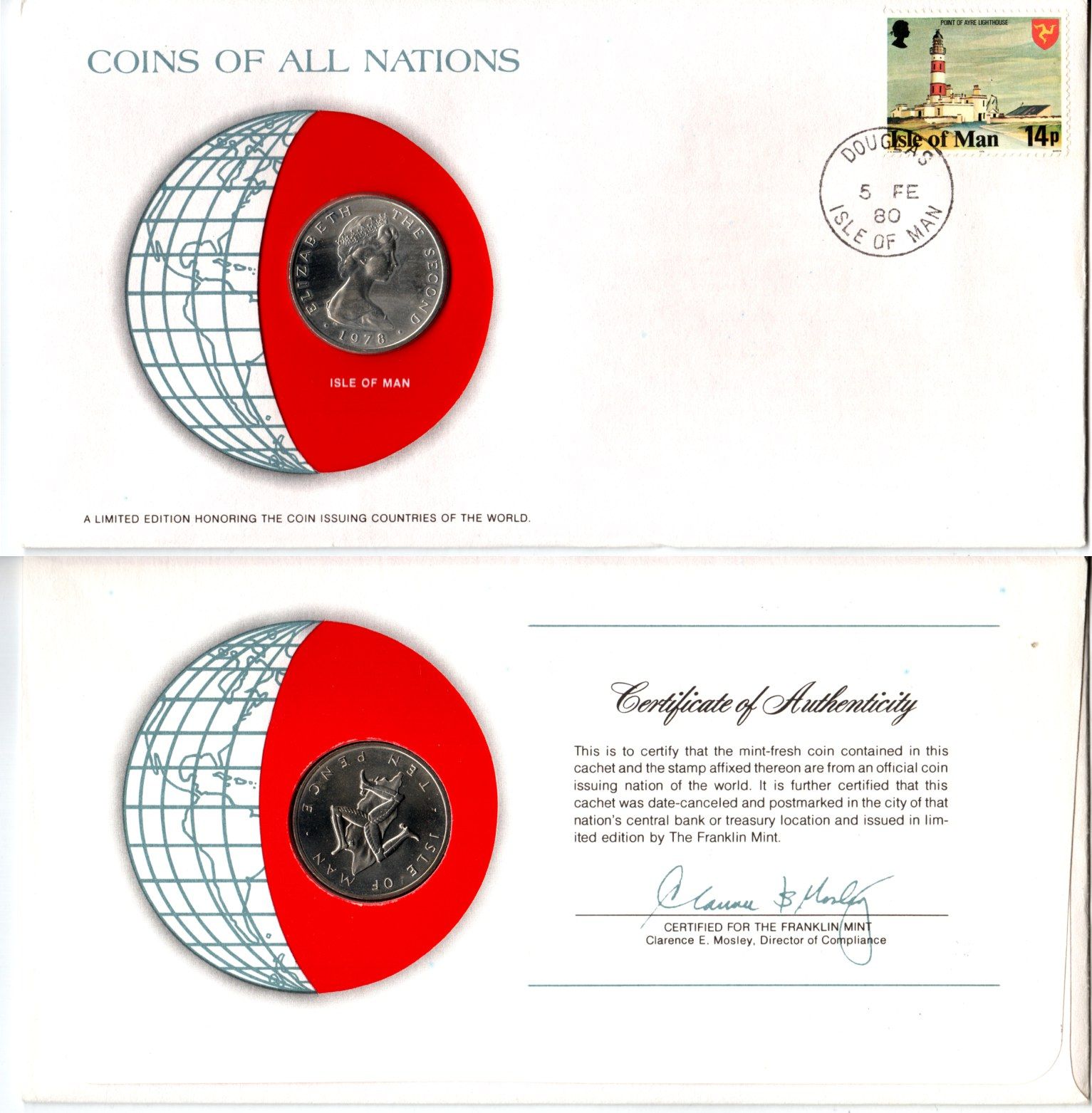Остров Мэн 10 пенсов 1978 конверт с маркой первого дня гашения, Coins of Nations KM 36 медно-никель UNC 4295-24-1