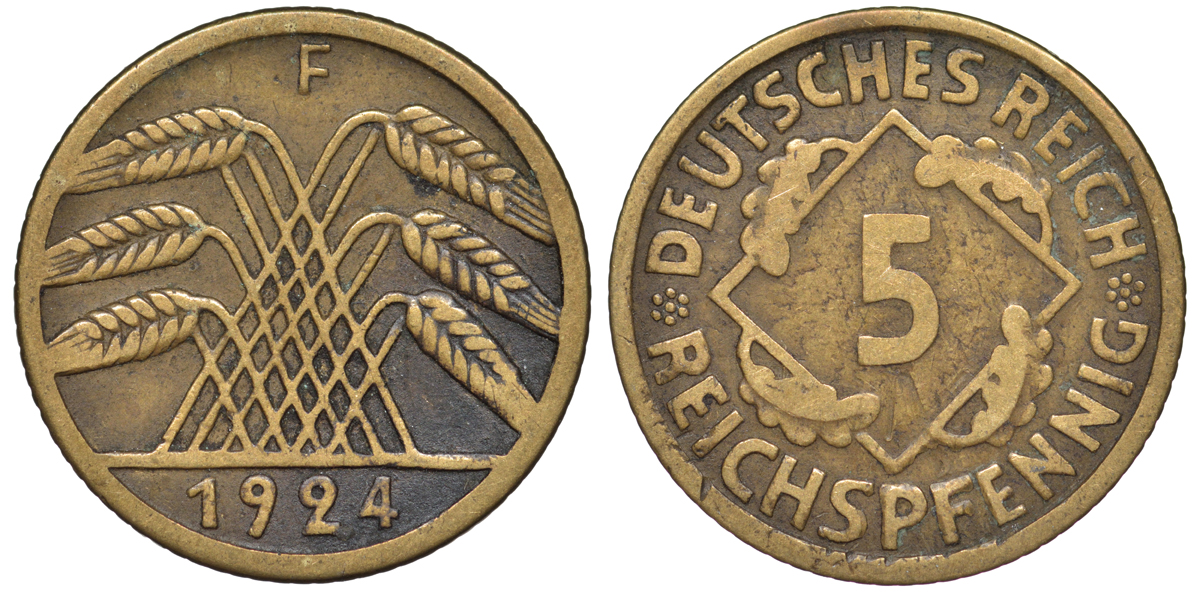 Германия 5 рейхспфеннигов 1924 F KM 39, J. 316 алюминиевая бронза 4602-1234