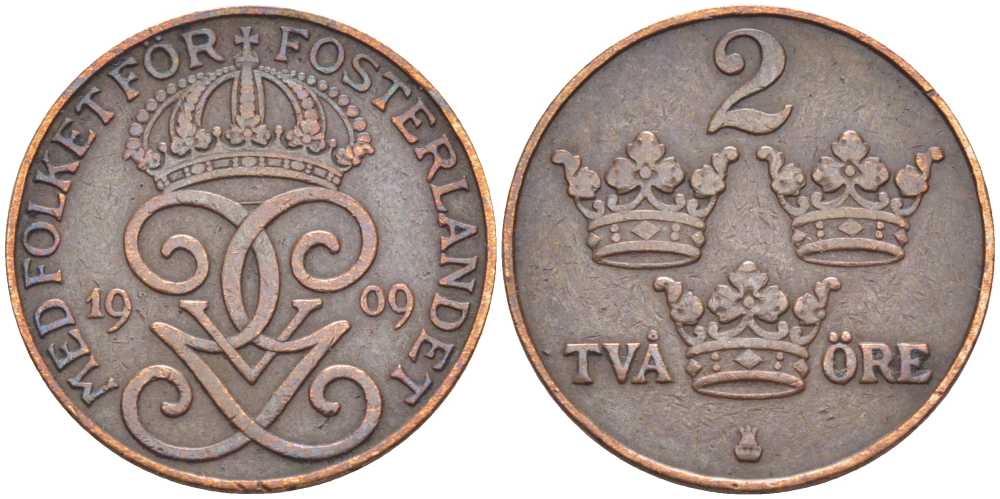 Швеция 2 эре 1909 Густав V (1907-1950) KM 778 бронза 119-957