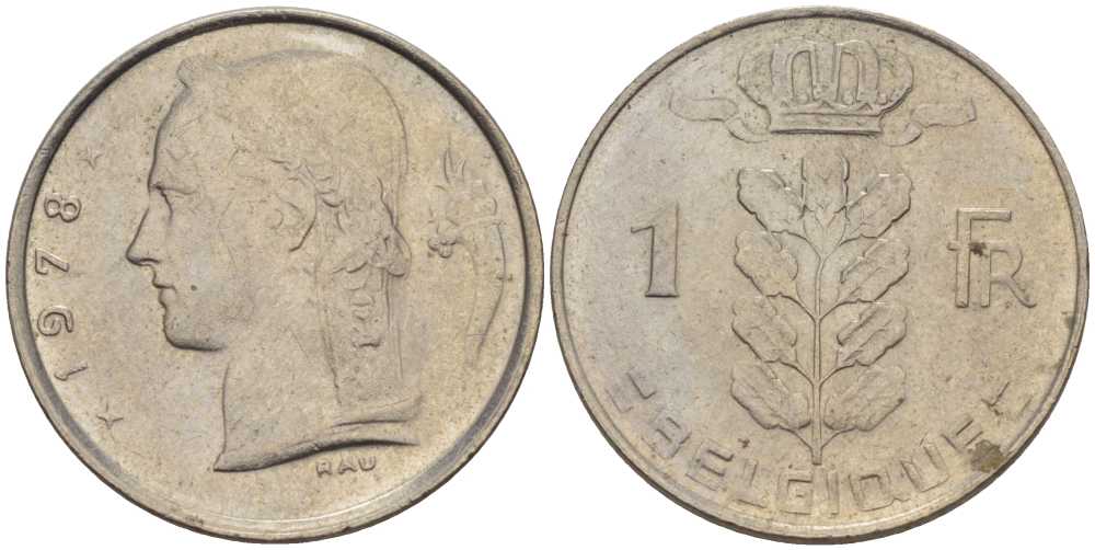 БЕЛЬГИЯ 1 ФРАНК 1978 BELGIQUE, БОДУЭН I (1951-1993) KM 142.1 медно-никель 202-1115