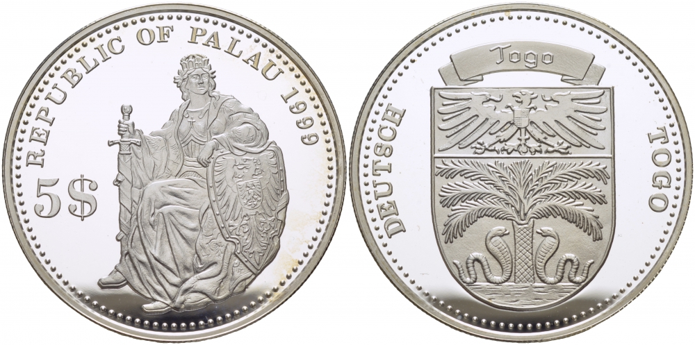 Палау 5 долларов 1999 немецкие колонии, Того KM 24 серебро PROOF 1077-9-61