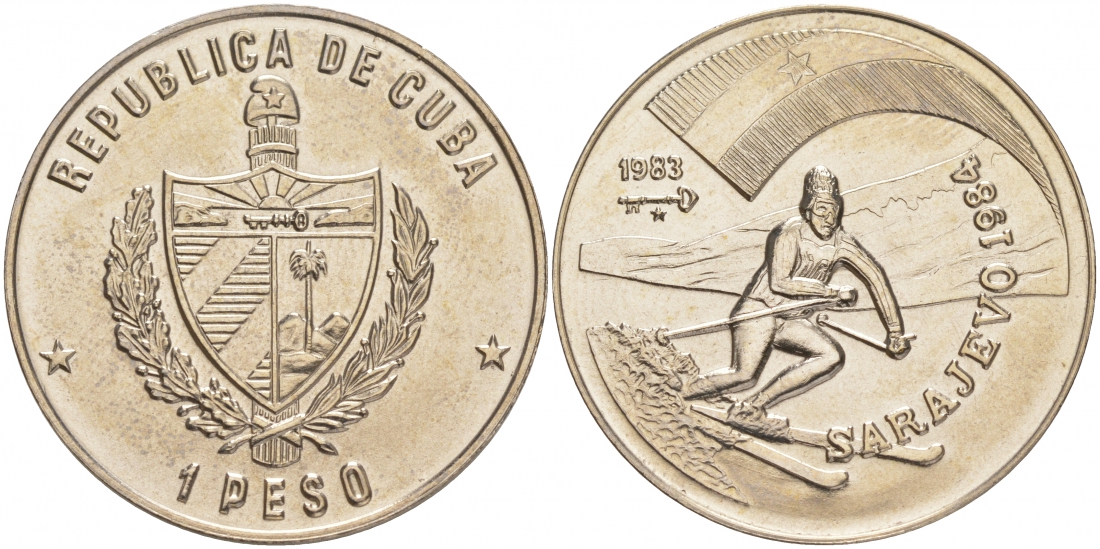 Куба 1 песо 1983 XIV зимние Олимпийские игры в Сараево 1984 года, слалом KM 197 медно-никель UNC 1526-814 M35-14