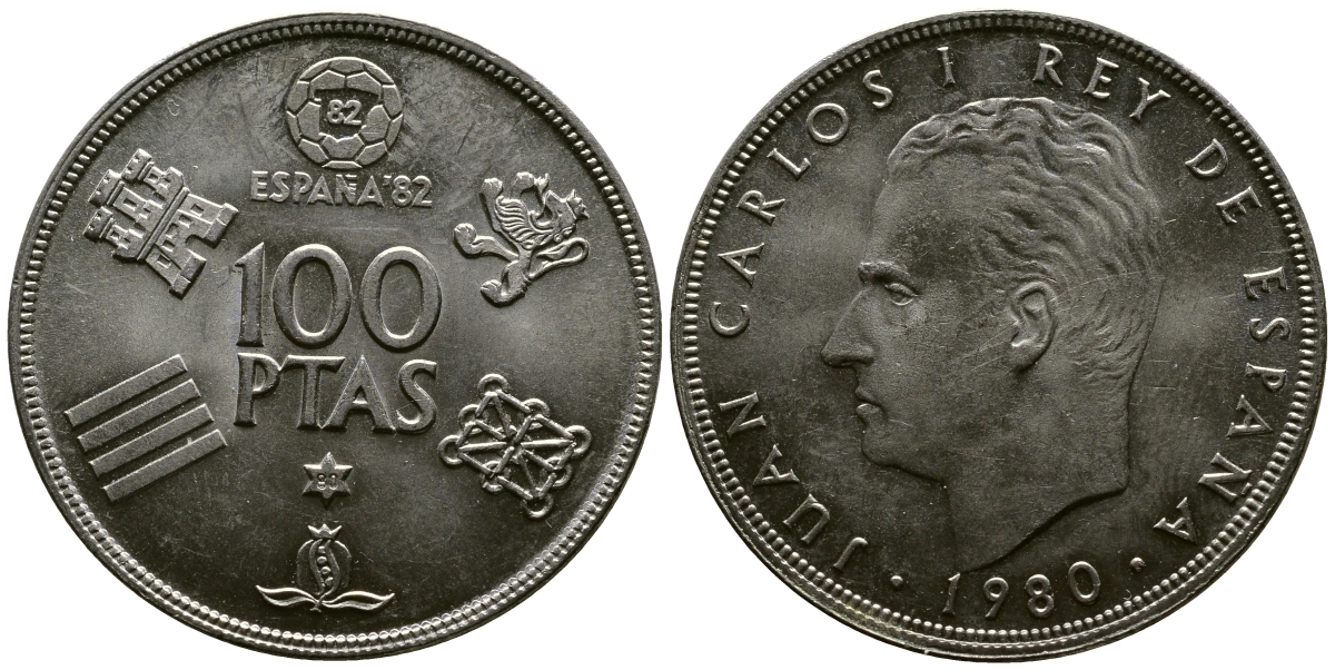 Испания 100 песет 1980 (80) чемпионат мира по футболу в Испании 1982 года, Хуан Карлос I (1975-) KM 820 медно-никель UNC 3334-114
