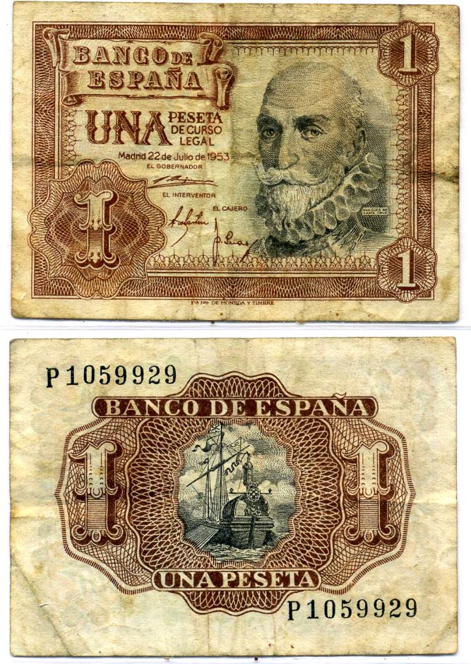 Испания 1 песета 1953 22 июля 1953, Мигель де Санта Круз Pick 144а бумага 8564-13-4-1