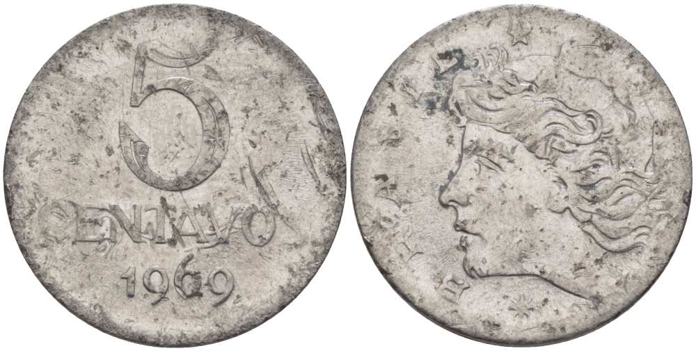 Бразилия 5 сентаво 1969 реформа 1967-1985, голова свободы влево KM 577.1 нержавеющая сталь 36-526