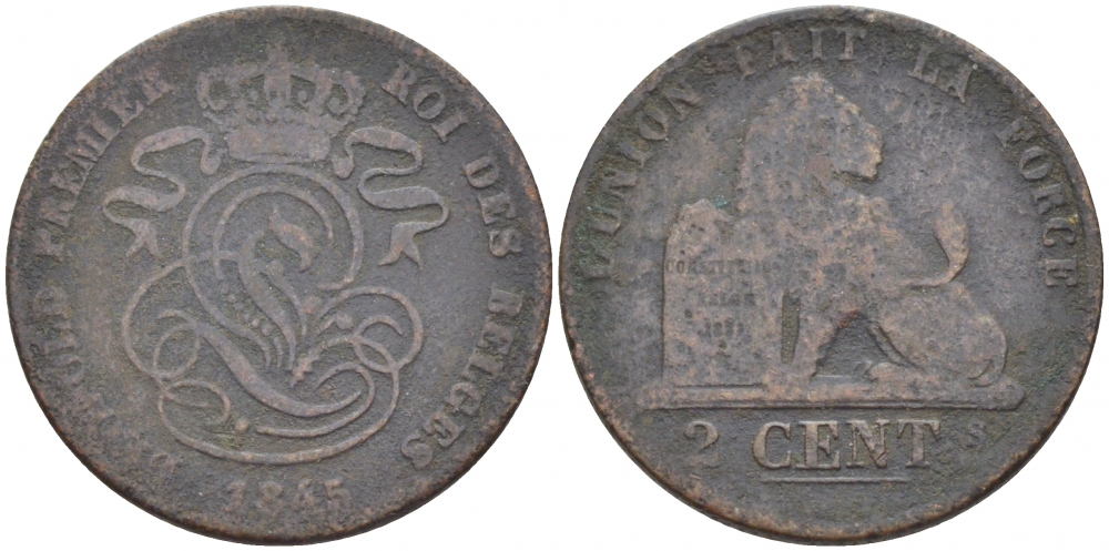 БЕЛЬГИЯ 2 САНТИМА 1845 BELGES KM 4.2 медь 4448-722