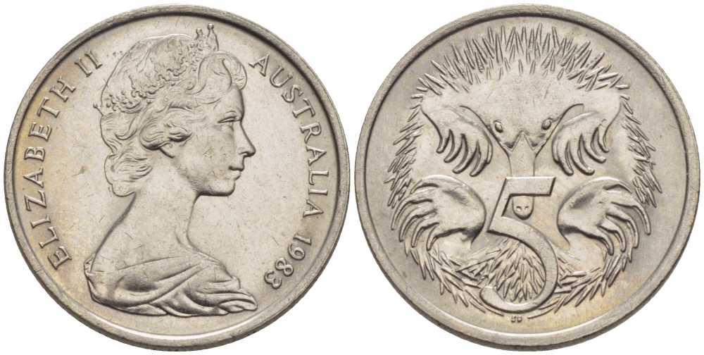 АВСТРАЛИЯ 5 ЦЕНТОВ 1983 ЕЛИЗАВЕТА II, МОЛОДОЙ ПОРТРЕТ, ЕХИДНА KM 64 медно-никель 39-1258