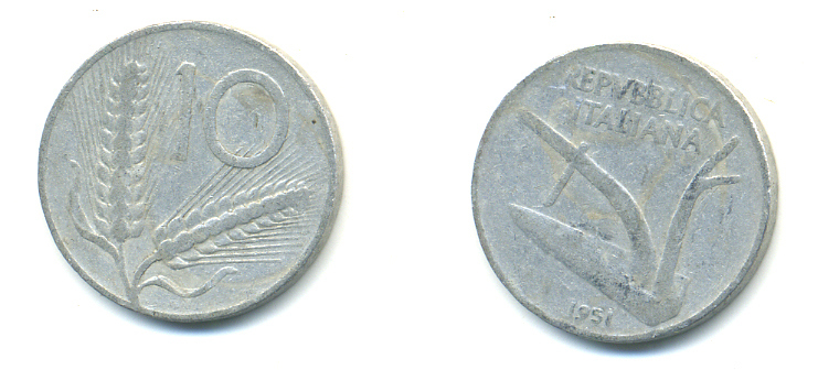 ИТАЛИЯ 10 ЛИР 1951 R, ПЛУГ KM 93 алюминий 3999-1244