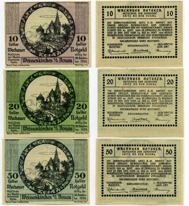 Австрия, Вайсенкирхен-ин-дер-Вахау набор из 3 банкнот 10, 20, 50 геллеров 1920 30 сентября 1920, нотгельд, земля Нижняя Австрия   бумага  UNC (пресс) 7555-27-4-1