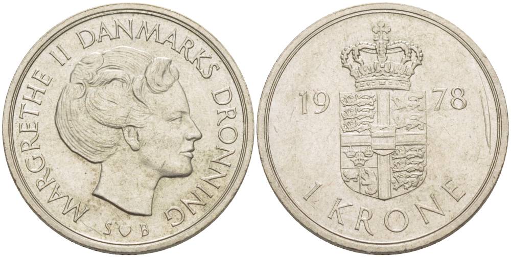 Дания 1 крона 1978 S; B, Маргрете II (1972-) KM 862.1 медно-никель 4551-1256