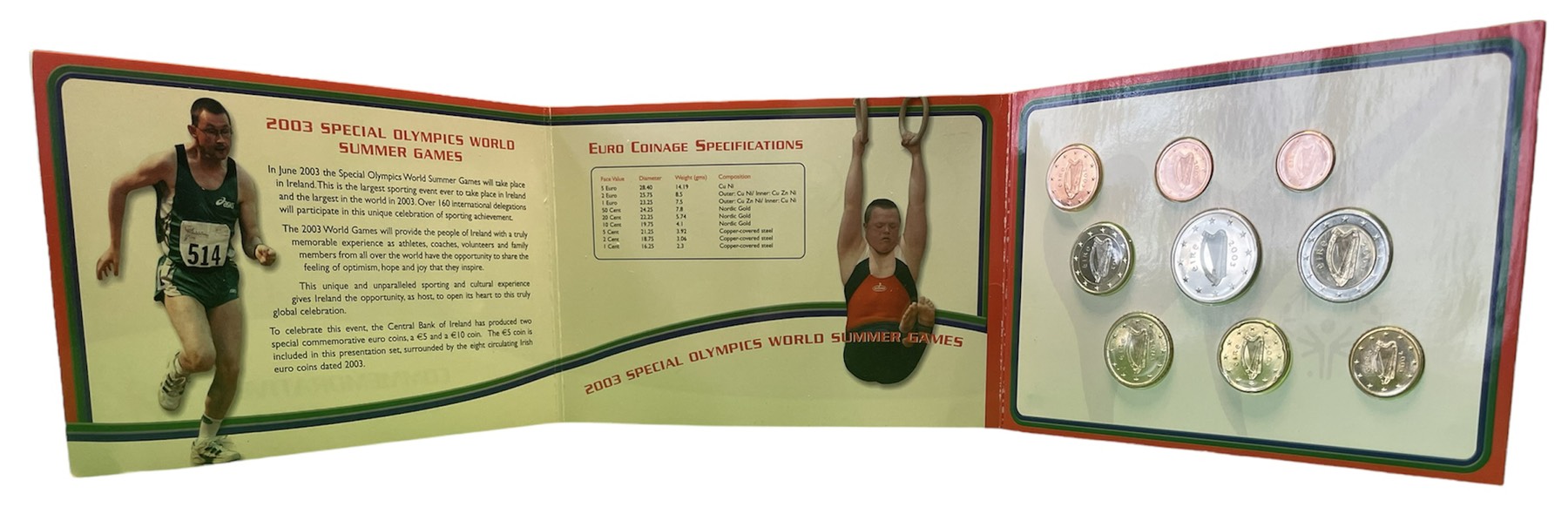 Ирландия официальный набор из 9 монет 2003 включая 5 евро специальные Олимпийские игры в Ирландии 2003, цветная эмаль ​KM MS12 UNC 1-6-4-75
