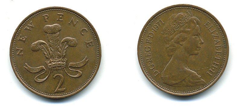 Великобритания 2 пенса 1971 Елизавета II (1952-2022) КМ 916, Spink 4235 (C1) бронза 4110-634