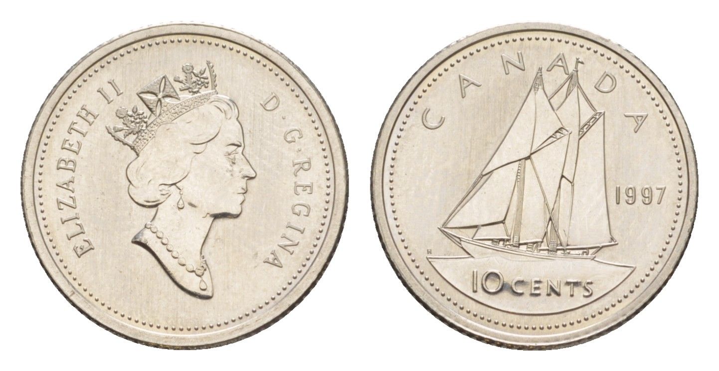 Канада 10 центов 1997 Елизавета II (1952-2022), парусник, specimen KM 183 никель BU 4639-661