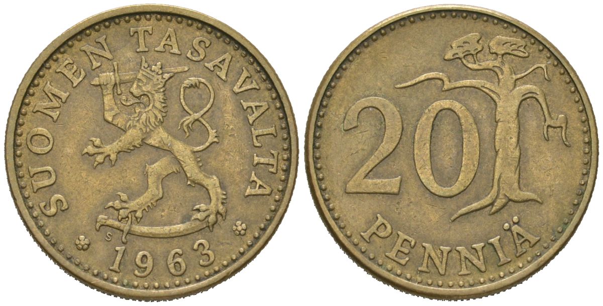 Финляндия 20 пенни 1963 S KM 47 алюминиевая бронза 94-1251