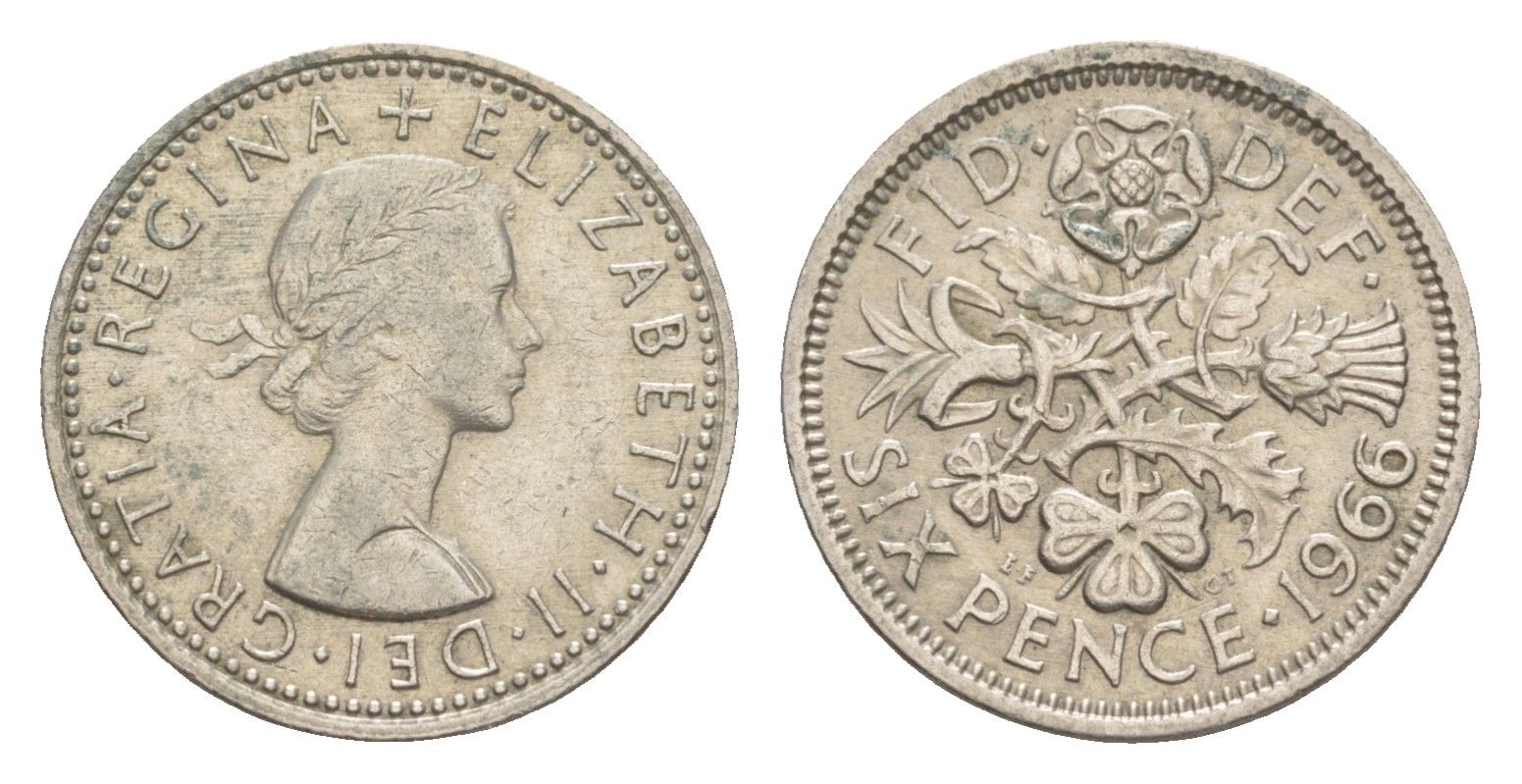 Великобритания 6 пенсов 1966 Елизавета II (1952-2022) KM 903, Spink 4149 медно-никель 4643-327