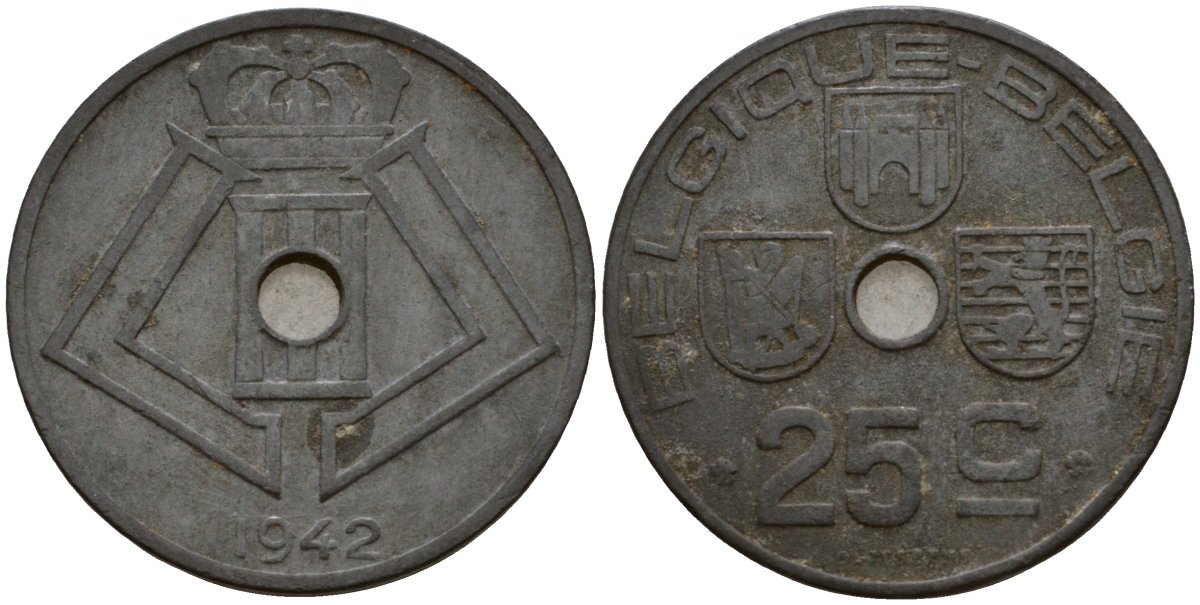 Бельгия 25 сантимов 1942 Belgique - Belgie KM 131 цинк 4601-632