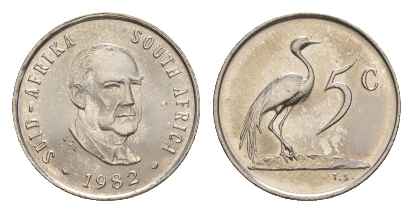 ЮАР 5 центов 1982 Окончание президентства Бальтазара Йоханнеса Форстера KM 111 никель UNC 4598-669