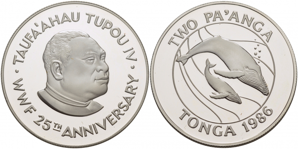 Тонга 2 паанга 1986 серия 25 лет защиты окружающей среды, кит кашалот KM 121 серебро PROOF 01-147-14