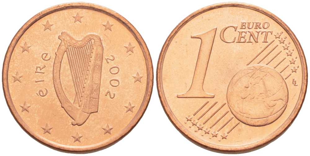 ИРЛАНДИЯ 1 ЕВРОЦЕНТ 2002 KM 32 сталь плакированная медью UNC 214-238