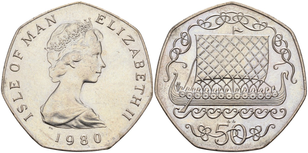 Остров Мэн 50 пенсов 1980 АА, корабль викингов, Елизавета II (1952) KM 70 медно-никель UNC 4583-624