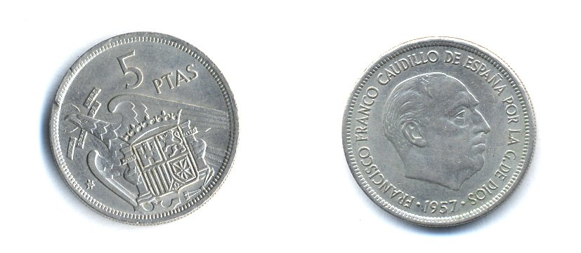 ИСПАНИЯ 5 ПЕСЕТ 1957 (69) ФРАНСИСКО ФРАНКО ДИКТАТОР ИСПАНИИ (1939-1975) KM 786 медно-никель 23-412