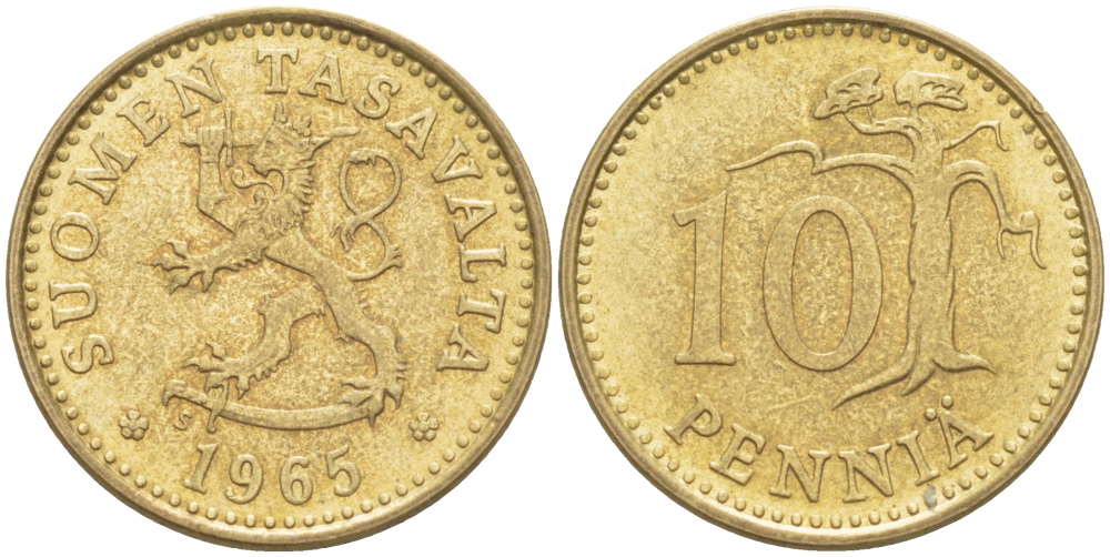 ФИНЛЯНДИЯ 10 ПЕННИ 1965 S КМ 46 алюминиевая бронза 3309-267