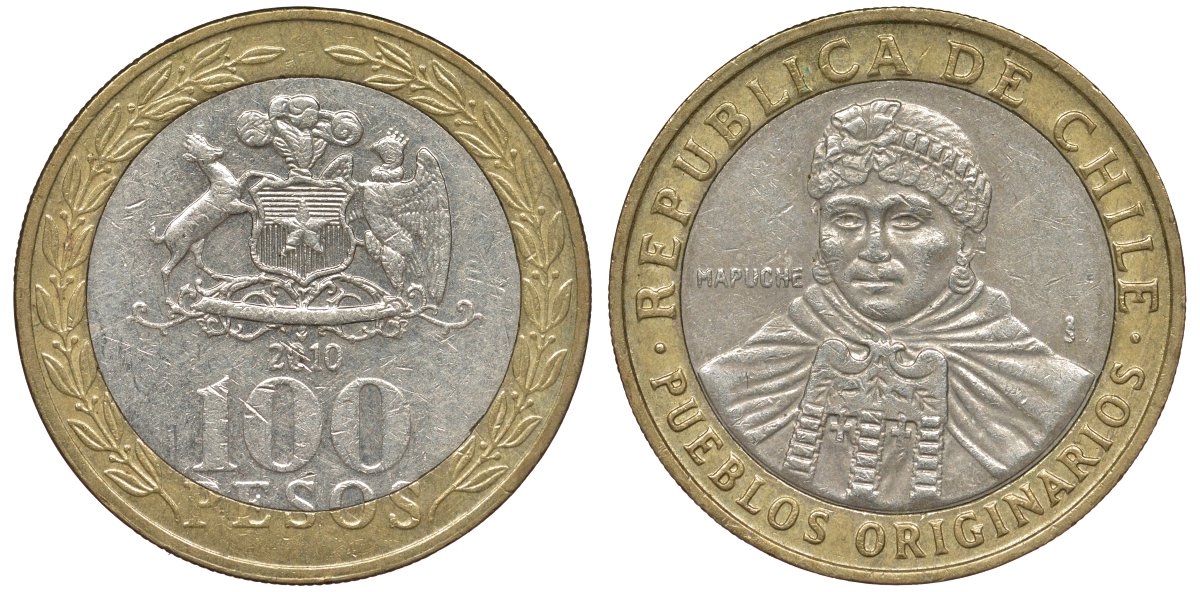Чили 100 песо 2010 индейцы Мапуче KM 236 биметалл 4681-532